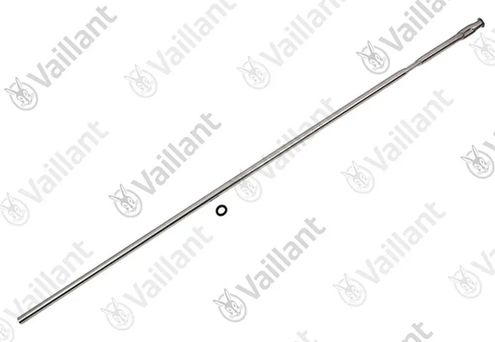 Edelstahlrohr von Vaillant mit einer kreisförmigen Dichtung, lang und gerade, auf hellem Hintergrund, zur Verwendung in Heizsystemen oder ähnlichem.